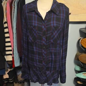 Cabi Blue Black Plaid Button Down Blouse Top Medium